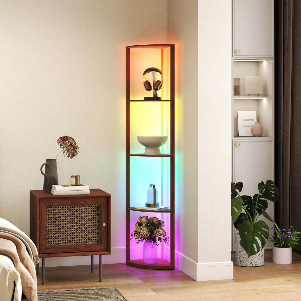 (Brown) HOMCOM RGB LED Floor Lamp with Shelves and Remote Control for Living Room