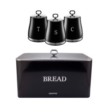 (Black) GEEPAS 4 Pc Tea Coffee Sugar Canister & Bread Bin Set | 13L Bread Box 1.4L Canister Set | Carbon Steel Container Easy Clean Storage Tins