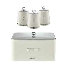 (Cream) GEEPAS 4 Pc Tea Coffee Sugar Canister & Bread Bin Set | 13L Bread Box 1.4L Canister Set | Carbon Steel Container Easy Clean Storage Tins