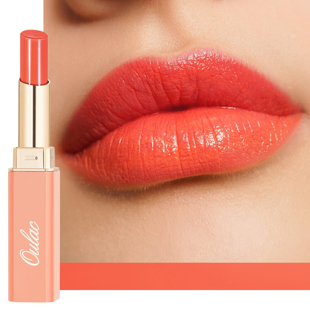 Oul Orange,Red Oulac Moisturizing Shine Orange Red Lipstick For Women - 2 In 1 Orange Red Glossy Tinted Lip Balm Hydrating Winter Lipstick For Dry Lips Shine Juicy
