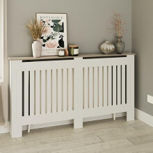 Large White Radiator Cover Slatted Wood Design Top Shelf Display Living