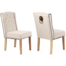 (2 CHAIRS, BEIGE VELVET) Velvet Dining Chairs , 12 Button Detail, Stud Detail, Lion head knocker