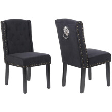 (2 CHAIRS, BLACK VELVET) Velvet Dining Chairs , 12 Button Detail, Stud Detail, Lion head knocker