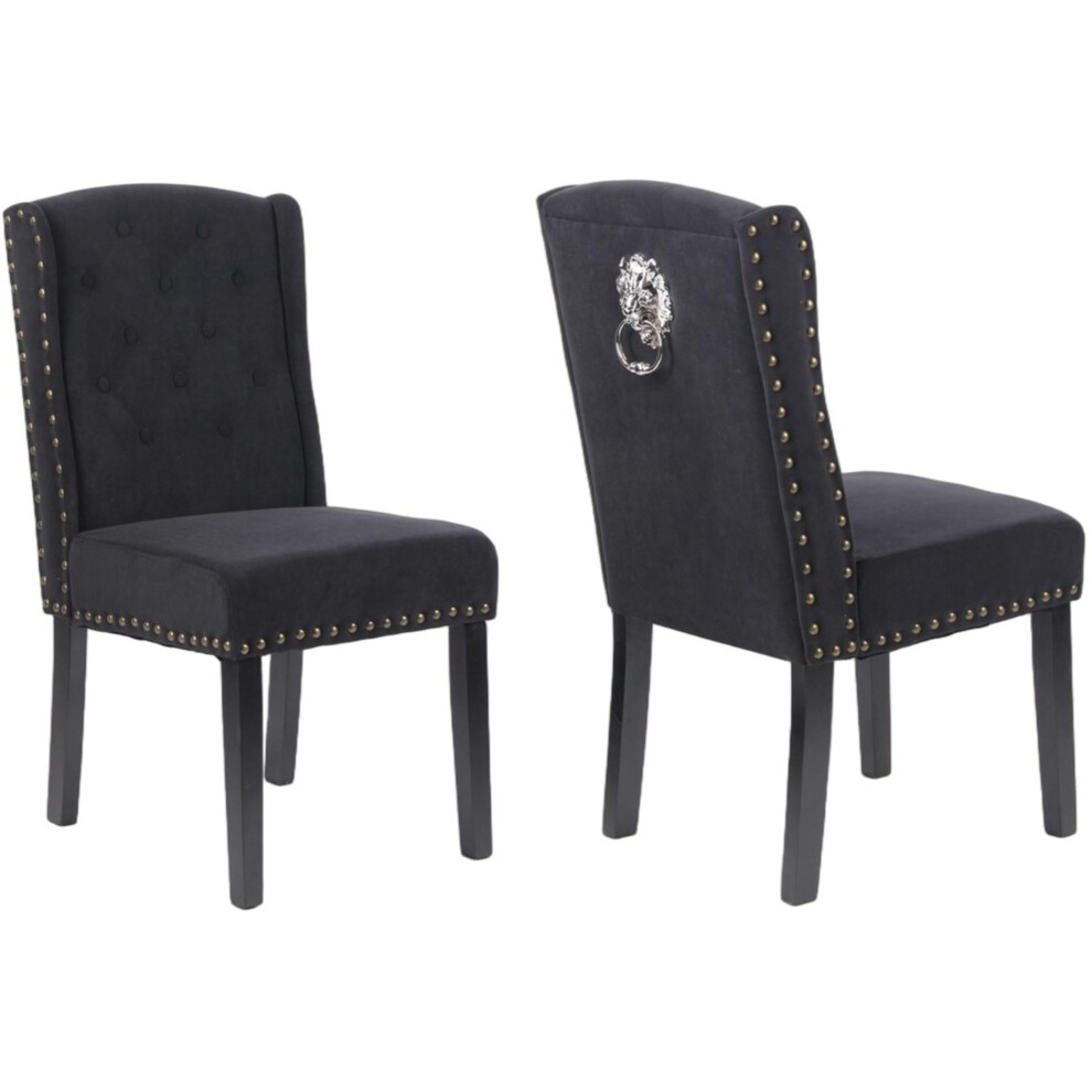 Millies Design (2 Chairs, Velvet) Velvet Dining Chairs 12 Button Detail, Stud Detail, Lion Head Knocker Black