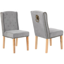 (2 CHAIRS, GREY VELVET) Velvet Dining Chairs , 12 Button Detail, Stud Detail, Lion head knocker