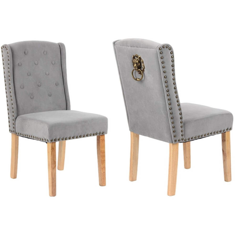 (2 CHAIRS, GREY VELVET) Velvet Dining Chairs , 12 Button Detail, Stud Detail,  Lion head knocker-image-OPC-PJ5X99F-NEW