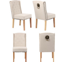 (4 CHAIRS, BEIGE VELVET) Velvet Dining Chairs , 12 Button Detail, Stud Detail,  Lion head knocker