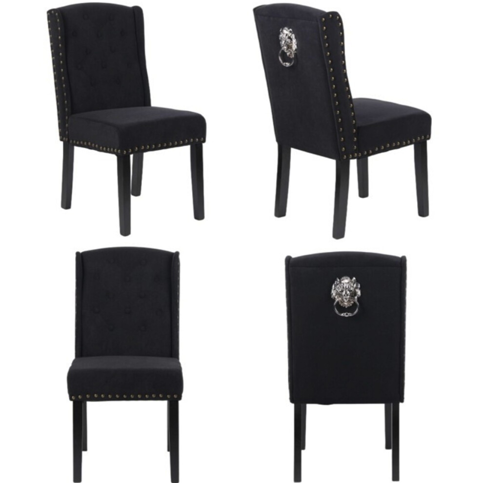 Millies Design (4 Chairs, Velvet) Velvet Dining Chairs 12 Button Detail, Stud Detail, Lion Head Knocker Black