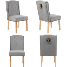 (4 CHAIRS, GREY VELVET) Velvet Dining Chairs , 12 Button Detail, Stud Detail, Lion head knocker