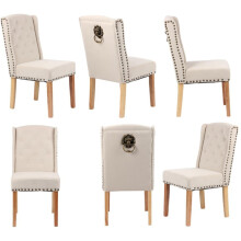 (6 CHAIRS, BEIGE VELVET) Velvet Dining Chairs , 12 Button Detail, Stud Detail, Lion head knocker