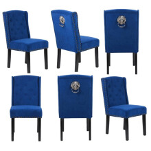 (6 CHAIRS, BLUE VELVET) Velvet Dining Chairs , 12 Button Detail, Stud Detail,  Lion head knocker