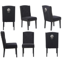 (6 CHAIRS, BLACK VELVET) Velvet Dining Chairs , 12 Button Detail, Stud Detail, Lion head knocker