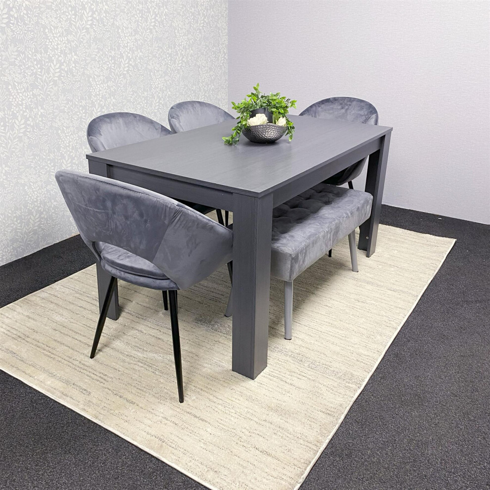 Dining Table with 4 Grey Velvet Chairs and a grey velvet  Bench Dining Room Furniture