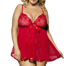 Women's Sexy Lingerie VNeck Sleepwear Dress, Lace Negligee Set, Valentine's Day Pyjamas, Red Lace Underwear for Cosplay, Red Size L