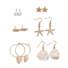 6 Double Women Summer Earrings Bohemian Shells Bolm Shells Yailed Pearl Gold Drop Earrings Beach earrings Set Summer Jewelry Gifts