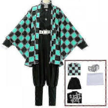 (130, 5 piece set) Demon Slayer Kimetsu No Yaiba Tanjirou Kamado Cosplay Costume Kimono Halloween Anime Uniform Set For Adult Kids V