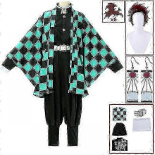 (M, 8 piece set) Demon Slayer Kimetsu No Yaiba Tanjirou Kamado Cosplay Costume Kimono Halloween Anime Uniform Set For Adult Kids V