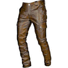 (Yellow, XX-Large) Mens Punk Pants Vintage Gothic Steampunk Faux Leather Biker Pants Metallic Motocycle Hip Hop Pu Leather Denim Pants