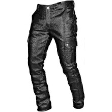 (Black, Large) Mens Punk Pants Vintage Gothic Steampunk Faux Leather Biker Pants Metallic Motocycle Hip Hop Pu Leather Denim Pants