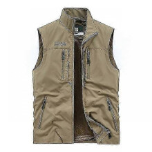 (L, Khaki) Jwl-fgkks Menleisure Vest Jacket Solid Color Tooling Style Wwaistcoat Thin Fishing Hiking Multi-pocket Casual Loose Vest For Men