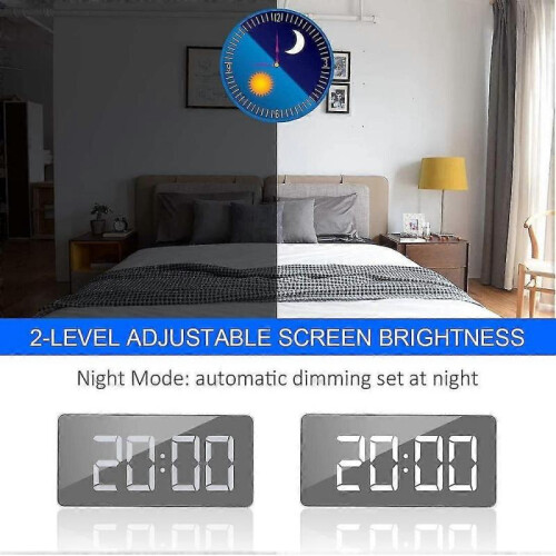 Digital Mirror Alarm, Led Bedside Clock with Temperature,adjustable Brightness Clock-black 2