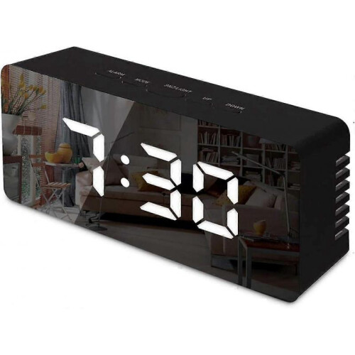 Digital Mirror Alarm, Led Bedside Clock with Temperature,adjustable Brightness Clock-black
