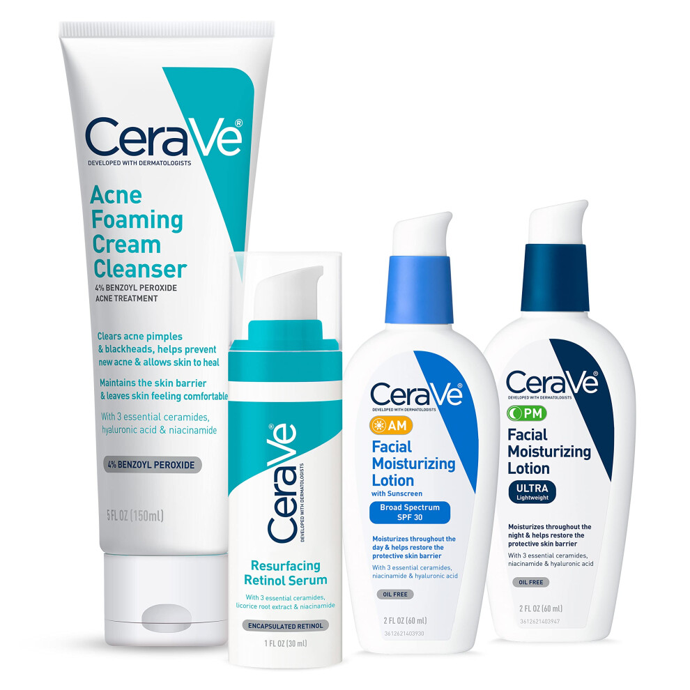 CeraVe Acne Skin Care Set  5oz Acne Foaming Cream Cleanser + 1oz Resurfacing Retinol Serum + 2oz AM Facial Moisturizing Lotion with SPF 30 + 2oz