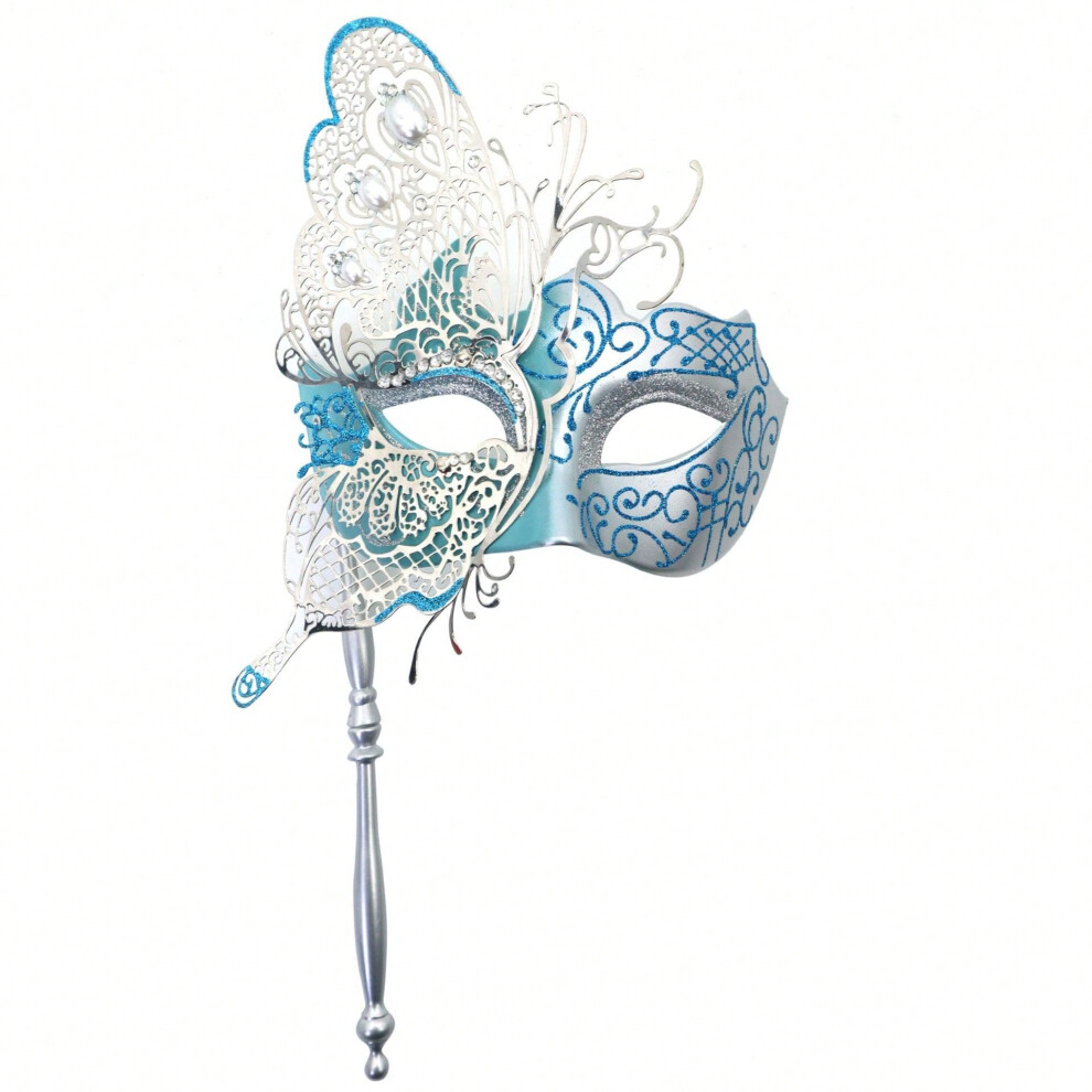 (Handheld Model-Sky Blue, One size) Halloween party diamond-studded iron butterfly mask carnival fun metal men and women set-image-OPC-PJ5XMC8-NEW