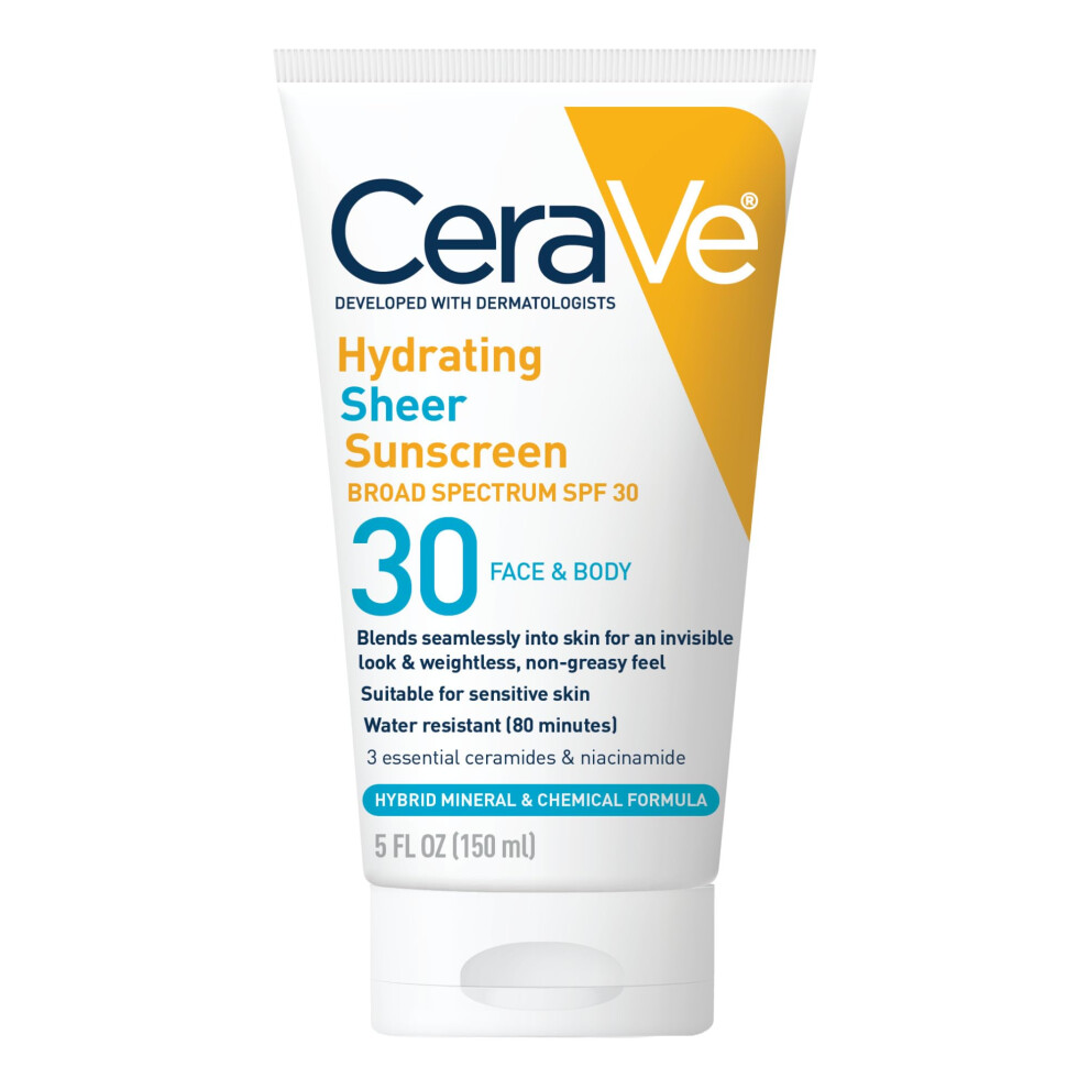 CeraVe Hydrating Sheer Sunscreen SPF 30 for Face and Body Mineral & Chemical Sunscreen with Zinc Oxide Hyaluronic Acid Niacinamides and Cerami
