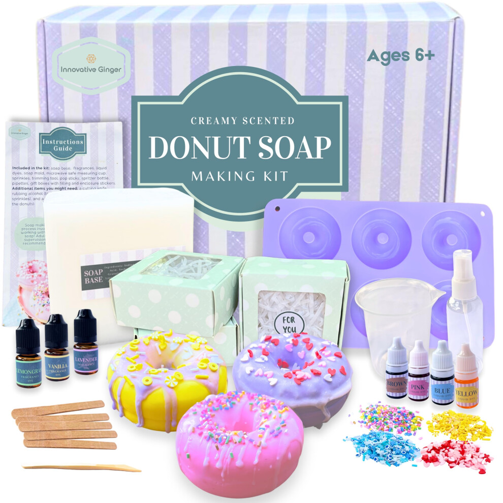 Innovative Ginger Diy Donut Soap Making Craft Kit For Kids Teens And Adults - Fun Easy Creative - Large Soap Donuts - Perfect Birthday & Holiday Gift - Unique Mess