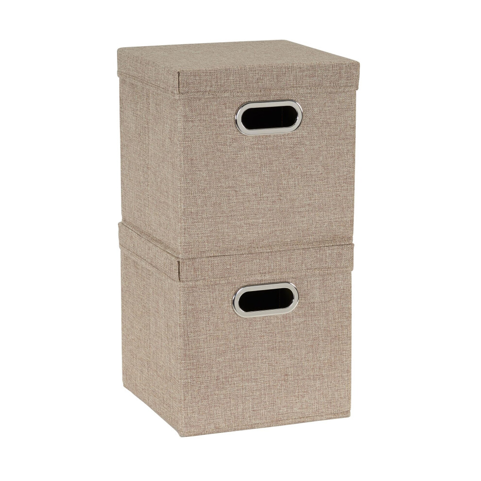 Household Essentials 802-1 Caf? Cube Bin Storage Set with Lids and Handles | 2 Pack Brown Linen
