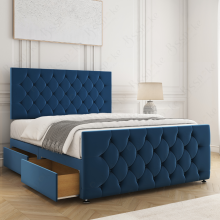 (Blue Plush, Double 4ft6") Maya Divan Bed with 2 Drawers, 26 Headboard, 20" Footboard & Mattress Included