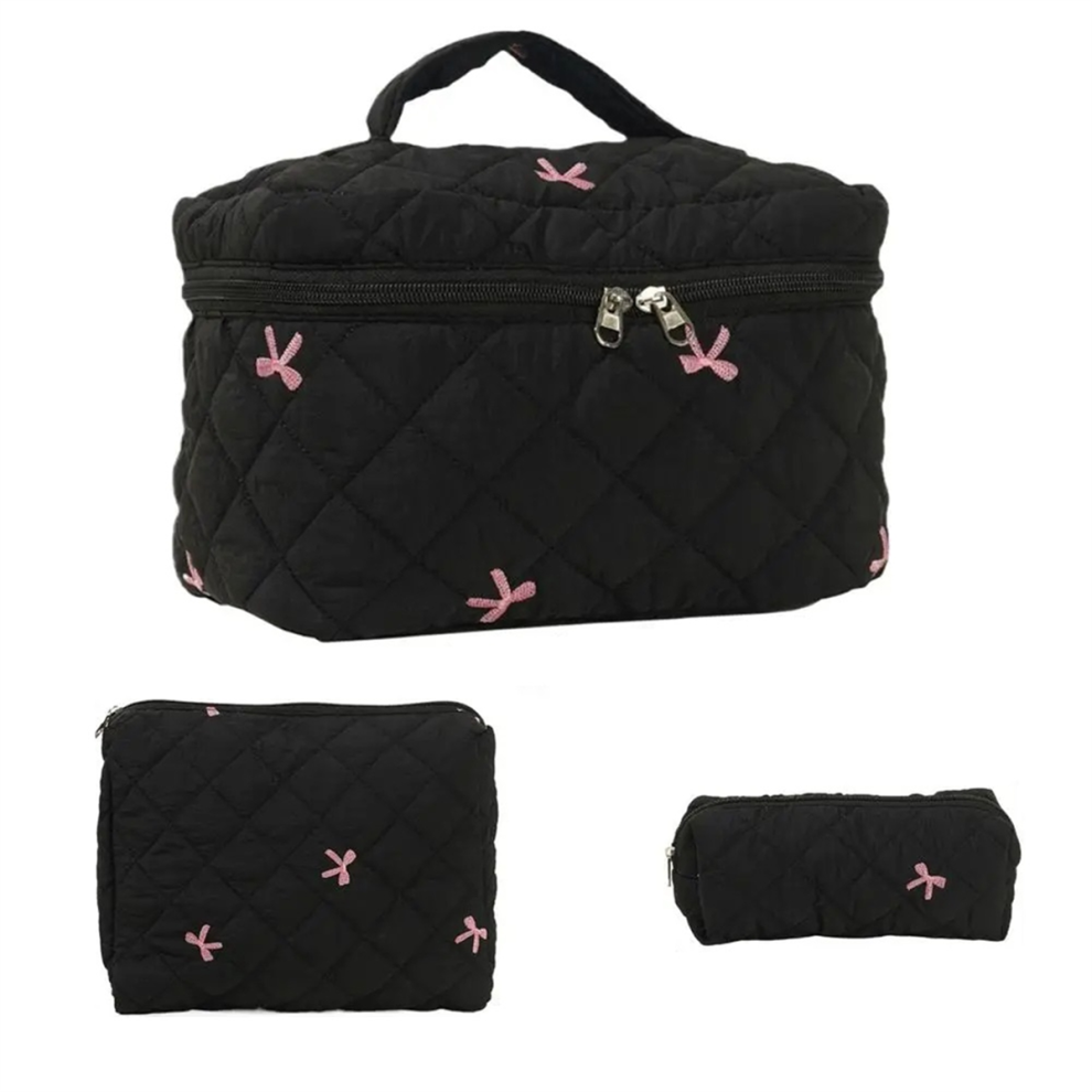 Merkloos Quilted Makeup Bag 3Pcs Large Capacity Toiletry Pouch Set