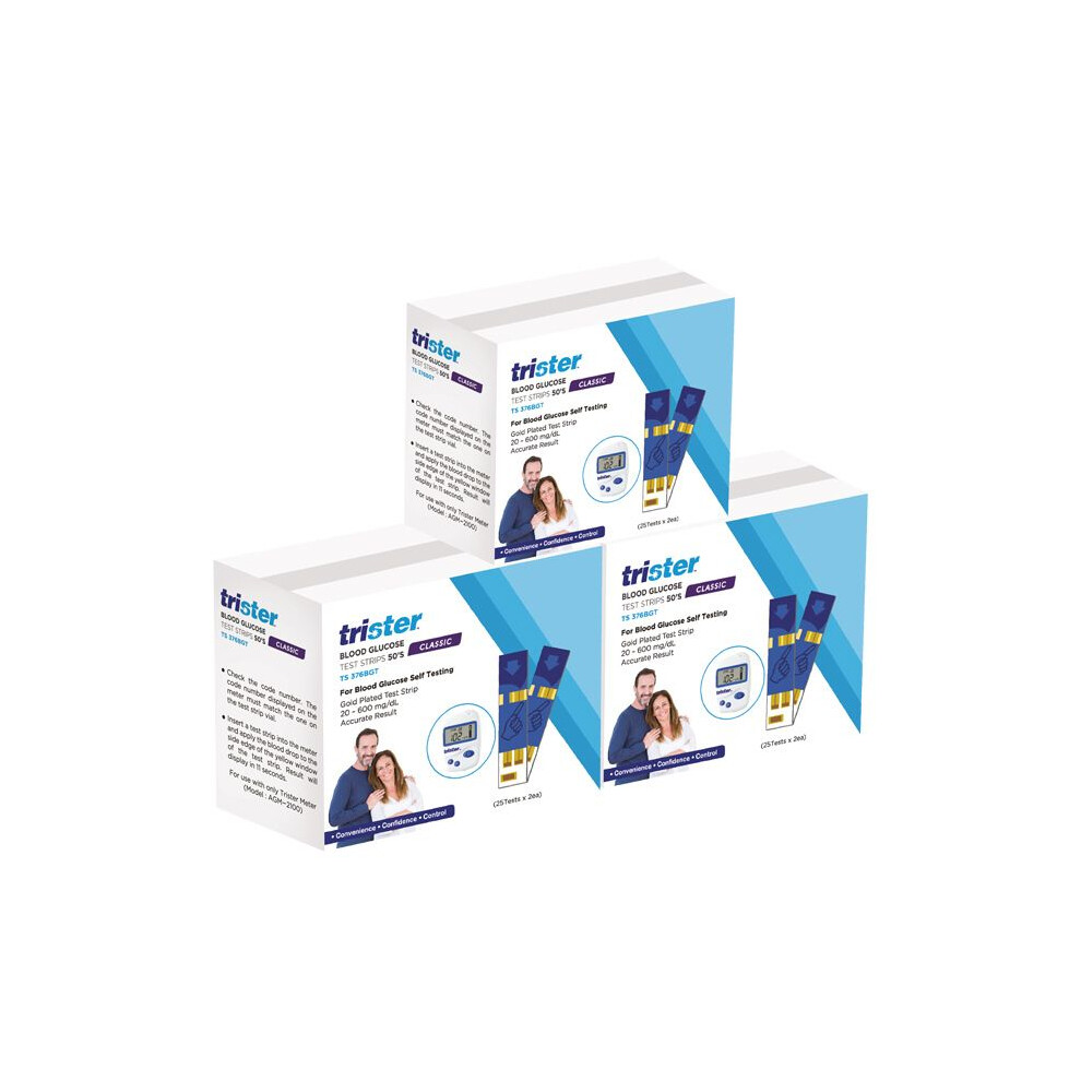 Trister Blood Glucose Test Strips Accurate & Easy-to-Use Diabetic Testing Strips for Reliable Blood Sugar Monitoring - 3 x 50's