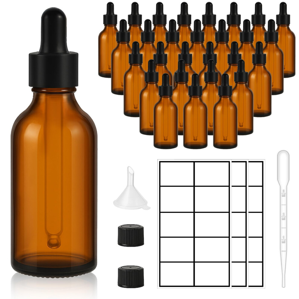 Upbud Amber 28 Pack 2Oz Glass Dropper Bottles Leakproof With Funnels Eye Droppers Extra Caps Labels - Refillable Uv Resistant 60Ml Empty Bottl