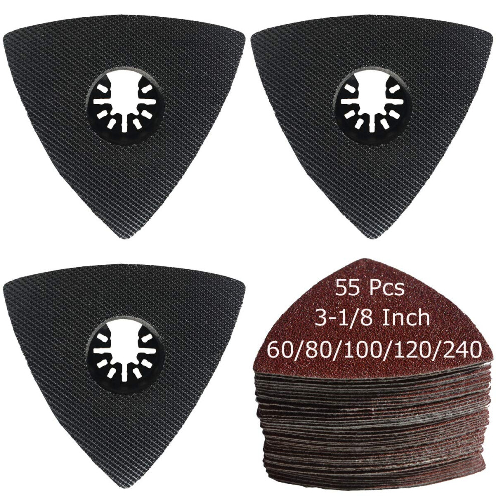 3-1/8' Triangular Multitool Sanding Pads Kit - 55 Pcs Sandpaper (60/80/100/120/240 Grit), 3 Pcs Aluminium Oxide Pads 448763268105