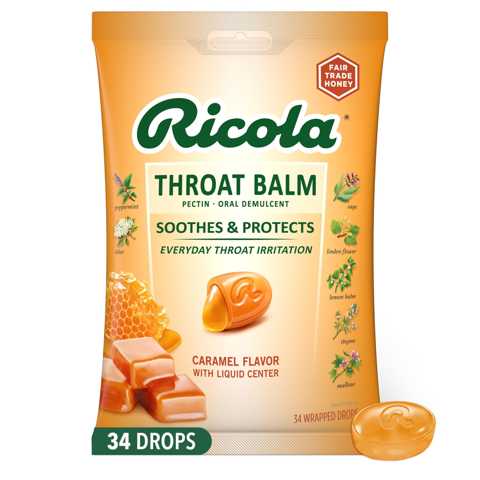 Ricola Throat Balm Caramel Throat Drops With Liquid Center 34 Count Coat & Protect Your Throat Daily Throat Relief & Protection Oral Demulcen