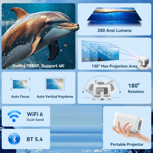 Autofokus Full HD 4K Projektor til Film WiFi Android EU Stik 1