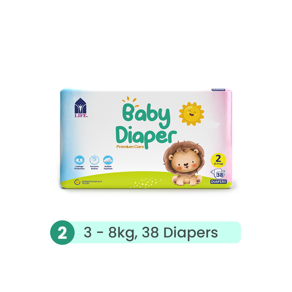 Life Baby Diapers Size 2 Small (3-8kg) 38's Soft, Gentle & Absorbent Nappies for Newborns and Infants