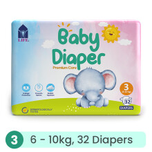 Life Baby Diapers Size 3 Medium (6-10kg) 32's Soft, Comfortable & Highly Absorbent Nappies for Babies with Day & Night Protection