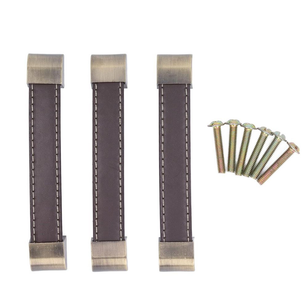 3pcs Wardrobe Door Leather Handle Antique Drawer Pull Handle Luggage Wine Box Handle Brown