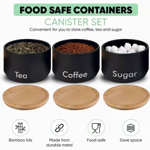 Set of 3 Black Stacking Canisters  Tea Coffee Sugar Storage Jars 2