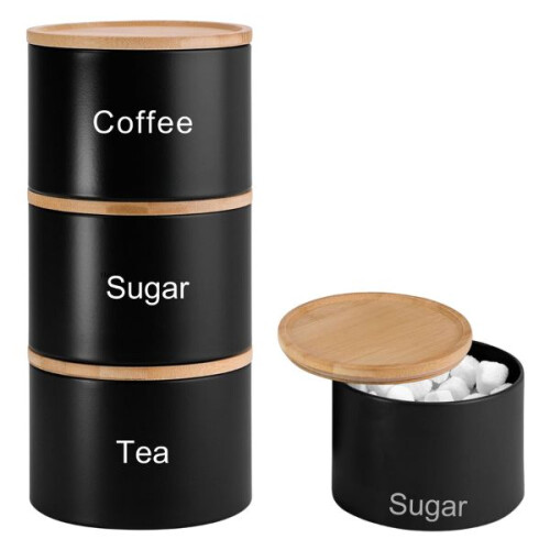 Set of 3 Black Stacking Canisters  Tea Coffee Sugar Storage Jars