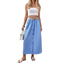 (S, Blue) Women'S Belted A-Line High Waist Button Skirt with Pockets Blue S