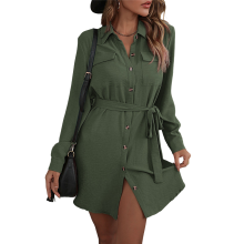 (L, Green) Women'S Long Sleeve Button Down Shirt Dress Casual Loose Tie Waist Adjustable Length Dresses Mahogany S