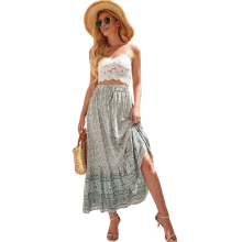 (S, White) Maxi Skirts for Women 2025 Summer Boho Long Flowy Floral Elastic High Waist Front Slit Skirt Casual Travel White S