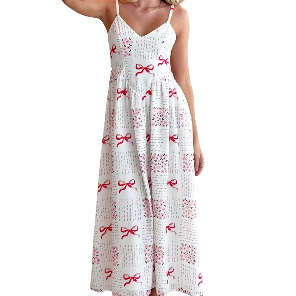(L, Red) Womens 2025 Summer Maxi Dress Sleeveless Floral Smocked Boho Beach Long S