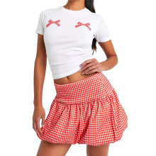 (M, Red) Women'S Gingham Bubble Mini Skirts Plaid- Bow- Cute Holiday Short Skorts Red S