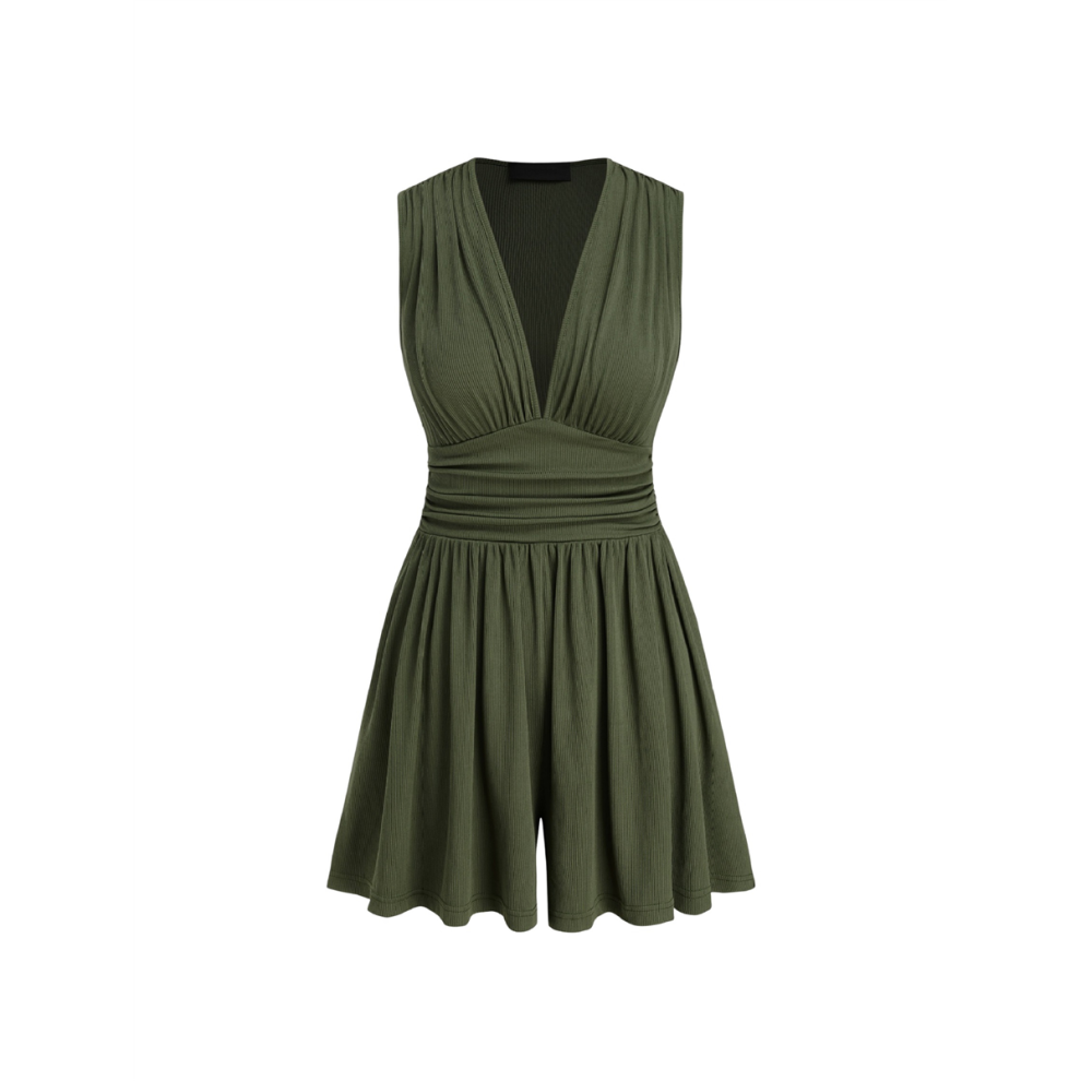 (L, Army Green) Womens Deep V Neck Wrinkles Jumpsuit Tie Sexy- Plunge Concert Mini Outfit Green S-image-OPC-PJ65W9K-NEW