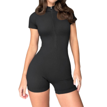 (S, Black) Women Rompers Ribbed Short Sleeve Zip Front Stretch Tummy Control Yoga Workout Brown S